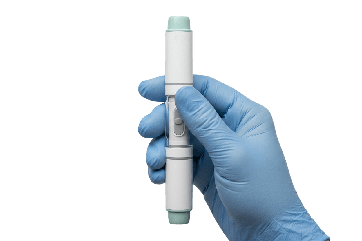 Injectable treatment pen held with medical gloves